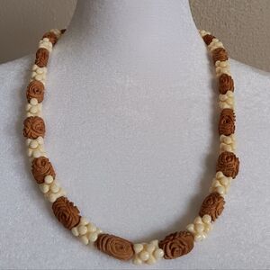 Unisex Carved Wood Bead Necklace Cream Brown Beach Surfer Tribal Hawaiian Boho